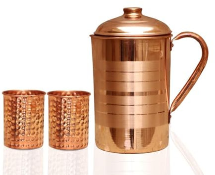 BishtHub Set di 1 brocca in rame e 2 bicchieri misti in rame, utensili da cucina, per conservare acqua potabile (bicchiere da 300 ml e brocca da 2000 ml)