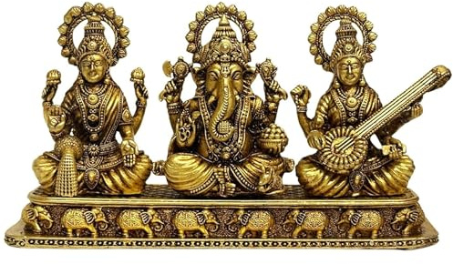 HOME GENIE Mässing Laxmi Ganesh Saraswati Idol Set | Fin mässings trio-staty för hem tempel, Diwali, Vastu och festlig dekor | 4,5 x 14,5 cm bas, 8,5 cm höjd, 410 g | Handgjord finish