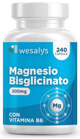 Magnesio Bisglicinato 240 Capsule (fino a 4 mesi), 300 mg di Magnesio glicinato. Con Vitamina B6, Organico, Magnesium glycinate, Integratore Muscoli, Sistema Nervoso, Stress, Ossa. Wesalys