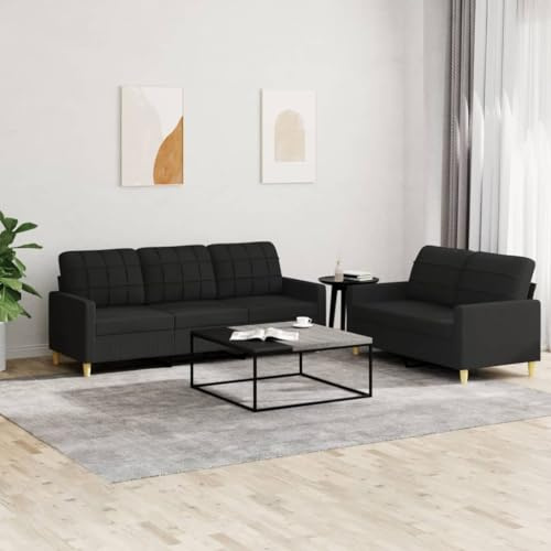 KATERYY 2-TLG. Sofagarnitur mit Kissen Schwarz Stoff Möbel Wohnzimmer