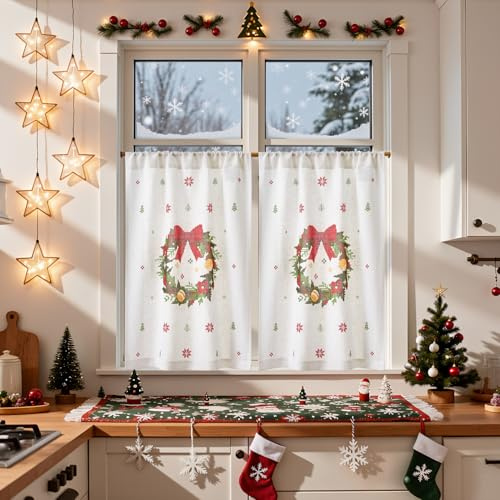 Vangao Scheibengardinen Christmas Bistrogardine 2er Set 90Hx65Bcm Rot Grün