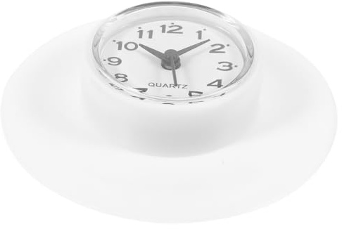 POPETPOP Reloj De Baño Ventosa, Pequeño y Moderno, Espejo De Vidrio Blanco, Resistente Al Agua Vapor, para Baño, Cocina y Ducha, Sin Batería