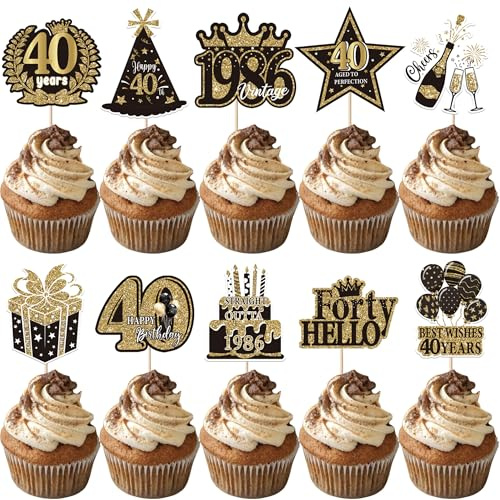 Xsstarmi 40 Pack Happy 40th Birthday Cupcake Toppers Best Whish Thirty Hello Straight Outta 1986 Cupcake Picks for Cheers to 40 Years 40th Birthday Party Cake Decorations Supplies