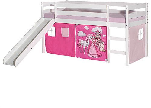 IDIMEX Hochbett mit Rutsche Benny Kinderbett Spielbett Holzbett mit Vorhang mit Motiv Prinzessin rosa, Kiefer massiv weiß lackiert, 90 x 200 cm
