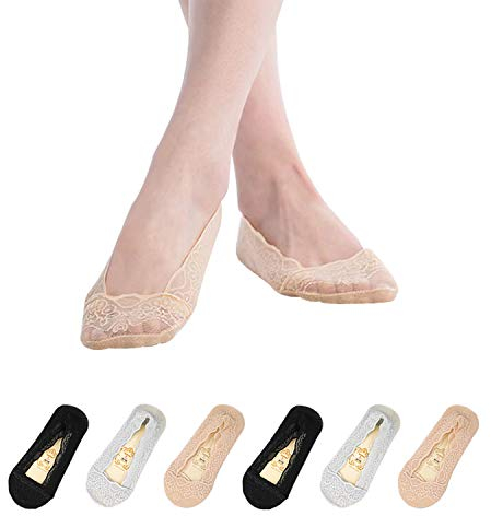 TAGVO 6 Paar Damen Füßlinge Spitze Unsichtbare Ballerina Socken mit rutschfest Silikon Schwarzes nacktes Grau