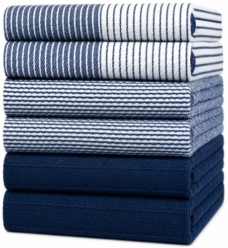 Bumble Kitchen Hand Dish Tea Towels – Bulk Set of 6 – Luxe, Soft, Durable Ring Spun Cotton with 3 Different Textures – Extra Large 20 x 28 / 50 x 70 cm Size (Blue)
