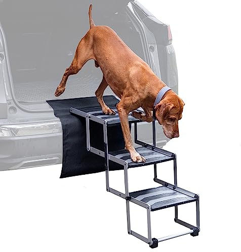 VOSS.PET Faltbare Hundetreppe, 3-stufige Kofferraumtreppe, Gelenkschonende Auto-Treppe, Einstiegshilfe für Hunde aus Aluminium mit Schutzmatte