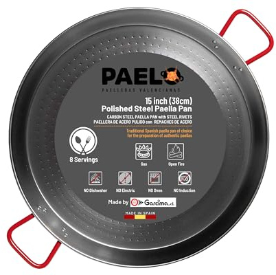 ICO by PAELO 15 inch Polished Steel Paella Pan (38cm) - Traditional Carbon Steel Pan for Gas & Wood Fire - Professional Grade Paellera for Paella Rice - Authentic Garcima Made in Spain - Serves 8