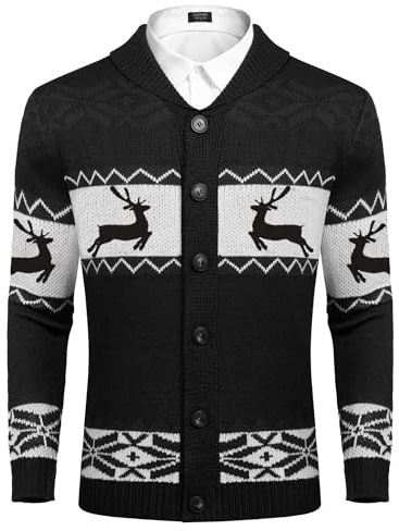 COOFANDY Men's Cardigan Christmas Sweater Knitted Sweater Reindeer Norwegian Ugly Sweater with Shawl Collar Black XL