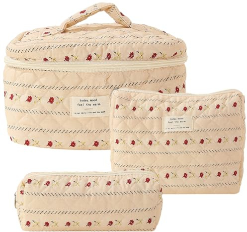 KOBONA 3 Stück Reise Kosmetiktasche Damen Schminktasche Gesteppt Baumwolle Blumenreisen Make-up-Tasche Organizer mit Reißverschluss Coquette Tragbar Kulturbeutel Kosmetiktasche