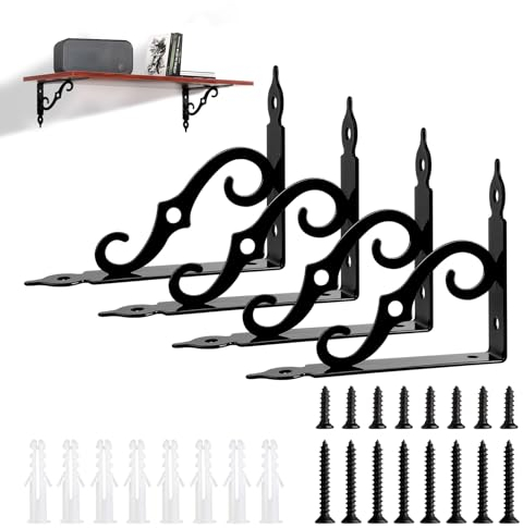 LALAGO 4 Stück Regalhalterung Schwarz Metall 19cm, Regalwinkel Schwarz, Regalträger Vintage, Antik Stil S-Förmigem Regalhalter, Schwerlastwinkel für Wandregal, Schweberegal, Wandkonsole, Regalbrette