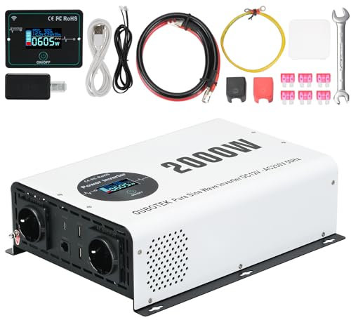 OUBOTEK Wechselrichter 2000W / 4000W Reiner Sinus DC 12V auf AC 230V mit Drahtloser Fernbedienung LCD-Anzeige 2 AC-Steckdosen 2 USB A und 1 Type C, spannungswandler für Wohnmobil Zuhause Off Grid