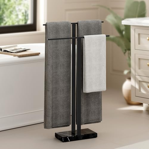 KES BTH217-BBK, Toallero de pie con base de mármol natural negro, soporte para toallas de baño o mano con 2 niveles, para suelo de baño, acero inoxidable 18/8