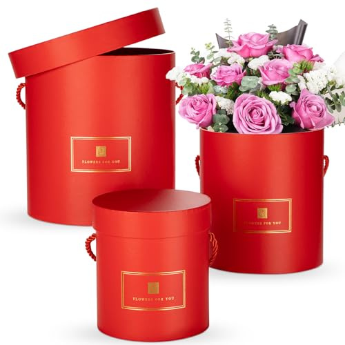 Oairse Set of 3 Round Gift Boxes with Lids and Handles Red Flower Boxes for Arrangements, Decorative Hat Boxes for Gifts, Weddings, Bridesmaid, Party, Birthdays & Storage
