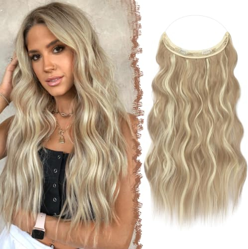FESHFEN Secrets Hair Extensions Lange Gewellt Haarverlängerung Invisible Secret Haarextension Synthetik Haare Unsichtbarem Haarteile für Frauen 40 cm Dreckiges Blond