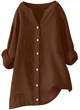 RLEHJN Chemise Lin Femme Manches Longues Pas Cher Chemisier Coton Et Lin pour Femmes Col V Boutonné Top Manches Enroulables Hauts Décontractés Couleur Unie Tuniques Blouse Lâche Respirant T-Shirts