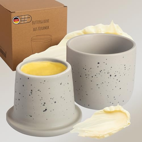 DEKAZIA® Französische Butterdose Grau Keramik wassergekühlt, Butterglocke | Butterkühler, Buttertopf, Butterfass, Butterbehälter, mit Wasserkühlung, für 250g Butter, original, groß, handgemacht