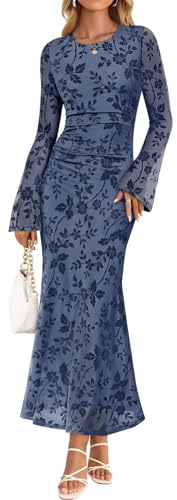 ZESICA Women's Long Sleeve Floral Bodycon Dress 2026 Spring Fall Ruched Mesh Wedding Guest Cocktail Party Maxi Dresses, Dusty Blue, S