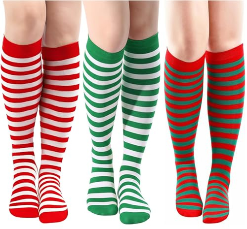LUYANFX Calze a Righe Bianche e Rosse, Calzini Elfo Donna Calze Sopra Ginocchio, Collant a Righe Sopra il Ginocchio per Donna, per Cosplay Gotico Festa di Natale (B)