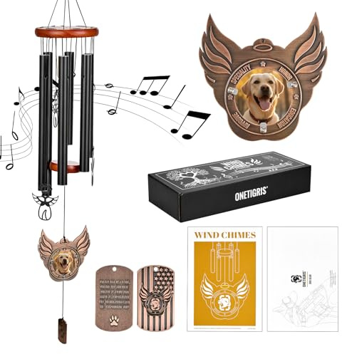 OneTigris Windspiele, Grabstein Hund mit Ehren-Hundemarke und Bilderrahmen, Austauschbare Fotos, fur Terrasse, Balkon, Garten Oder als Geschenk Lnnenbereich, Schutzengel