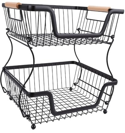 Dpofirs Cesto per Frutta in Metallo a 2 Livelli per Bancone della con Manico in Legno, Cestino per il Pane a Doppio Strato per Snack di Verdure, Organizer per Dispensa per Piano di Lavoro di Facile