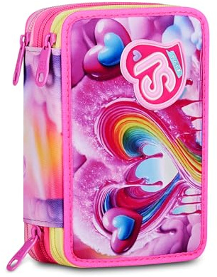SJ GANG STYLE JAM GANG Astuccio Scuola 3 zip JOYFUL PINS GIRL, Rosa, Triplo Scomparto, 45 pezzi, Portapenne Attrezzato, Completo di matite, penne e colori, Accessori Zaino, Scuola elementare, Bambina