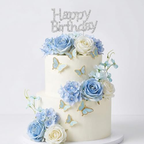 19pcs Artificial Flowers Cake Decorations Set | Elegant Floral Cake Toppers with Metal Birthday Sign for Party, Wedding, Anniversary Decorations