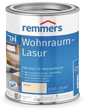 Remmers Wohnraum-Lasur weiß, 0,75 Liter, Holzlasur innen, für Möbel, Böden, Innentüren und Treppen geeignet, mit Abperleffekt