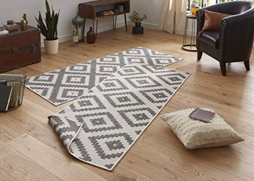 NORTHRUGS Outdoor Teppich Malta-Wendeteppich Wetterfest Modernes Geometrisches Muster Läufer für Balkon Terrasse Garten Wintergarten Wohnzimmerteppich Wasserfest, Polypropylen, Grau,Creme, 80x350cm