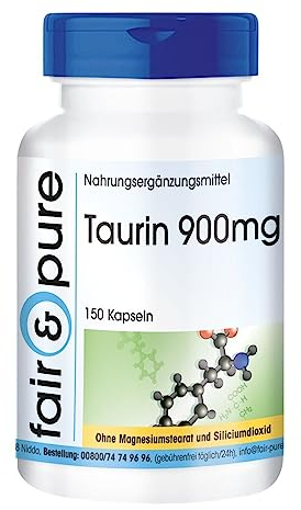 Fair & Pure Taurin 900mg, 150 Kapseln, hochdosiert, Nahrungsergänzungsmittel vegan ohne Magnesiumstearat, in Deutschland hergestellt