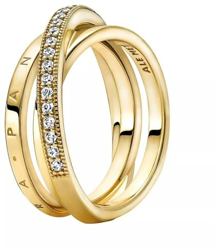 Pandora Signature Ring überkreuztes Pavé, Dreifachring, 14-karätig vergoldet, mit klarem Cubic Zirkonia
