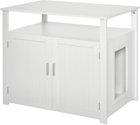 PawHut Wooden Cat Litter Box Enclosure Furniture for Nightstand, White | Adjustable Interior Wall, Large Tabletop