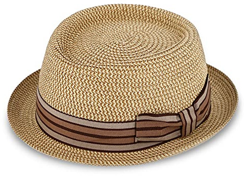 fiebig Wallku Pork Pie Papierhut mit farbigem Ripsband | Sonnenhut aus 100% Papier | Melange Porkpie in vielen Größen (59-L, Beige)