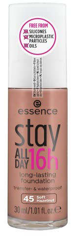 essence stay ALL DAY 16h long-lasting Foundation, Make Up, Nr. 45 Soft Hazelnut, braun, für Mischhaut, langanhaltend, mattierend, weichzeichnend, matt, vegan, ölfrei, wasserfest (30ml)