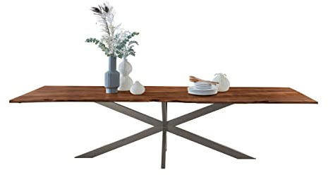 SAM Esstisch Kalea 260x100 cm Akazie nussbaum/Spider-Gestell Silber | massiv, Akazienholz nussbaumfarben, Tischplatte 26 mm, Baumkantentisch, Esszimmertisch, Metallgestell, Industrial-Design