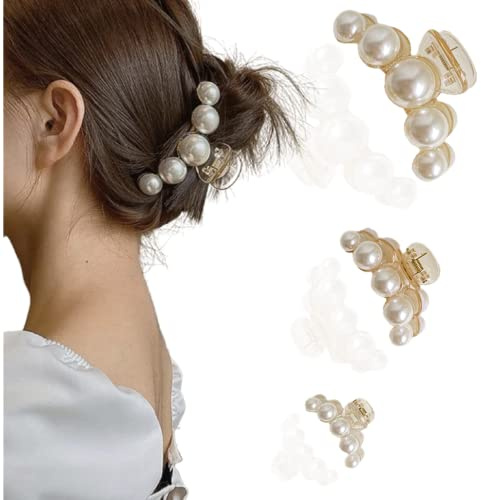 Pearl Claw Clips for Women, Large Hair Grip, Big Clips for Thick/Fine Hair, Pearl Slide Hairdressing Clips Long Hair Accessories for Women/Girl(3 pcs,3 Size)