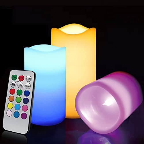 ILEEDear Vela Led RGB, velas de cera real de 12 colores con función de temporizador, velas led con pilas, velas led efecto llama, velas decorativas Navidad, vela halloween (juego de 3)