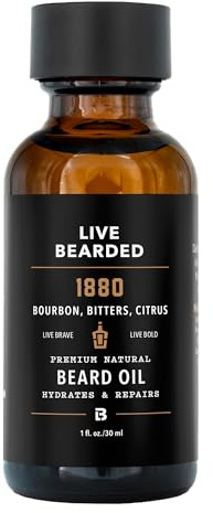 Live Bearded Beard Oil, 1 fl oz - Premium All-Natural Jojoba - Made in the USA - Hair and Skin Care for Men with Dry, Flaky Patches | 1880 Scent - Bourbon, Bitters, Citrus