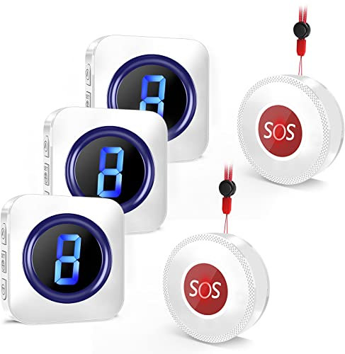 Personal Alarm Call Bell, 1,000FT Long Range Buzzer Call Bell, Wireless Caregiver Pager for Elderly with 2 SOS Call Panic Buttons 3 Plug in Receivers LED Flash with 55 Chimes 5 Volumes Levels