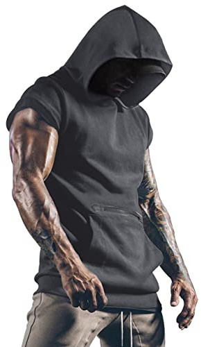 Herr T-shirts för gym, fitness, muskeltröja, ärmlös huvtröja, tanktop för män med fickor., S