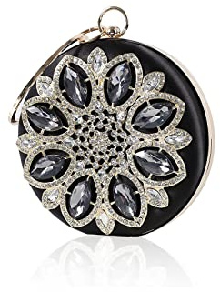 CORIOS Damen Strass Abendtasche Elegant Rund Brauttasche Diamant Clutch Bag Luxus Handgelenktasche Abnehmbarer Kette Handtasche Klein Tasche für Hochzeit Abendparty Tanzparty Geburtstag Schwarz