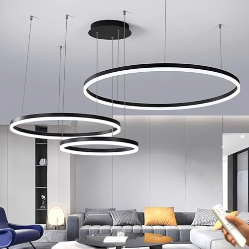 J.SUNUN LED Pendelleuchte Moderne Schwarz 3-Ring Separate Installation Kronleuchter 75W Dimmbar Deckenbeleuchtung Für Schlafzimmer Wohnzimmer Esszimmer 40×60×80CM