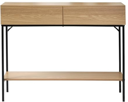 CALICOSY - Konsolentisch 2 Schubladen 1 Ablage - Holzoptik - Spanplatten - Schwarze Metallstruktur - Integrierte Griffmulden - Eingang, Flur, Wohnzimmer - Industrial Design - B 100 x T 35 x H 80 cm