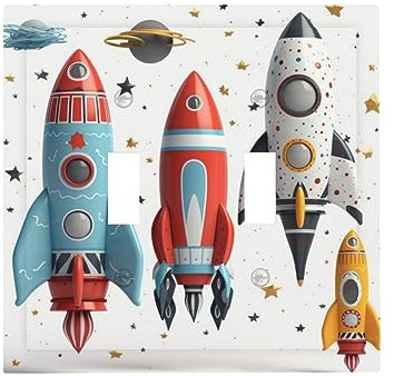 Cartoon Rockets Print Light Switch Cover Double Toggle Outlet Cover Wall Plate Cover For Bathroom Bedroom Office Home Decor