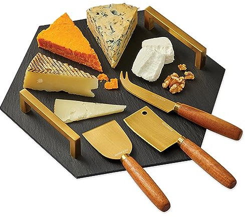 Occasion Hexagon Slate Cheese Board & Knife Set with Brass Handles