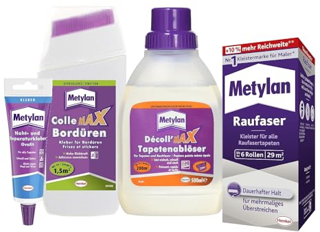 Metylan Raufaser, Tapetenkleister (1x180g) & Metylan Bordüren Klebstoff (1x250g) & Metylan Naht- und Reparaturkleber (1x60g) & Metylan Tapetenablöser Aktiv-Konzentrat (1x0,5l)