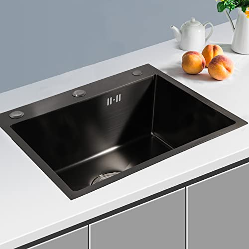 Fregadero de cocina de acero inoxidable con dispensador de jabón y escurridor, 1 cuenco, incluye 50 x 45 cm, color negro mate