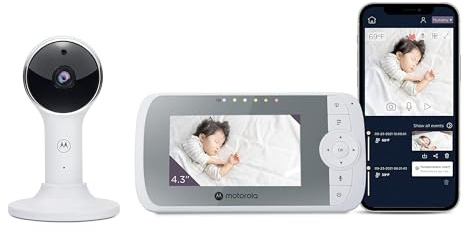 Motorola Nursery Baby Monitor VM64 Vigilabebés con vídeo WiFi de 4,3' con cámara, Aplicación para smartphone, soporte magnético, largo alcance, audio bidireccional, zoom digital