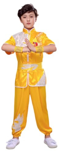 Boys Girls Kung Fu Master Tai Chi Dragon Chinese Uniform Top Shirt Pants Set Outfit (Yellow, 4-5 Years)