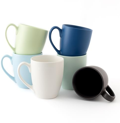 Hanseküche juego de 6 tazas de café grandes - tazas de café de cerámica sólida, 360 ml de volumen y asa grande (Azul pastel)